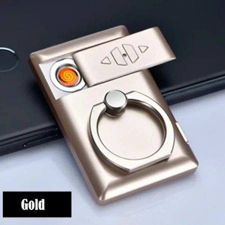 Mobile Phone Holder Ring Lighter Windproof USB Lighter (Gold Color)