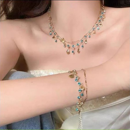 Blue Love Double-Layer Shell Necklace & Bracelet Set